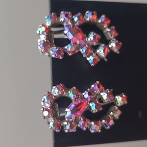 Vintage Continental Ruby Red Aurora Borealis Rhinestones Earrings.